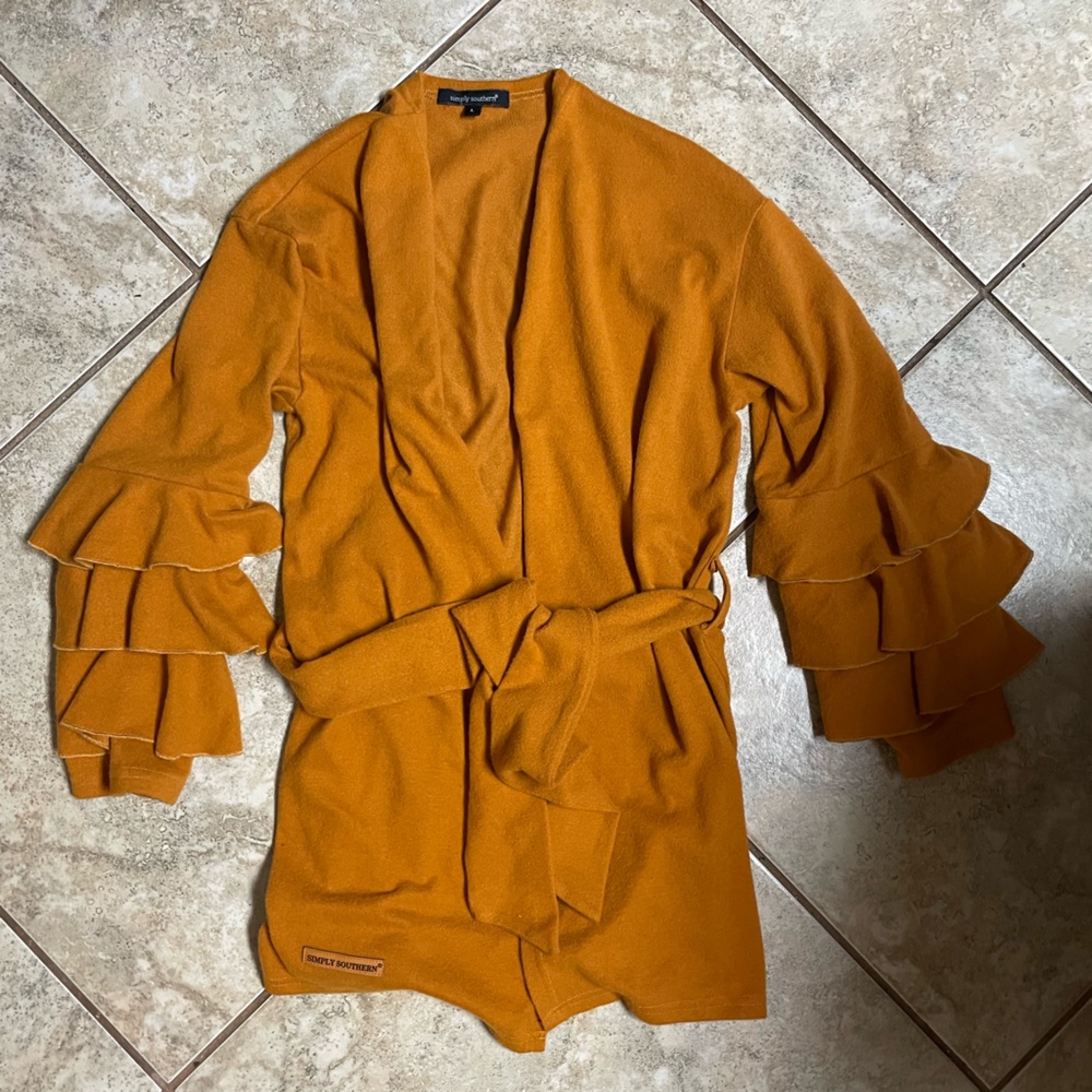 Simply southern open front belted sweater cardigan, L w/ ruffled bell sleeves
